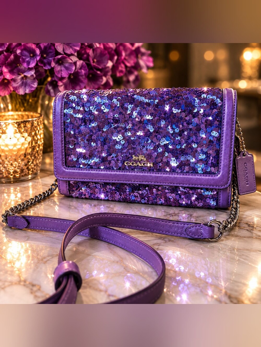 Coach Purple Flap Clutch Calf Leather Crossbody Sequin Bag